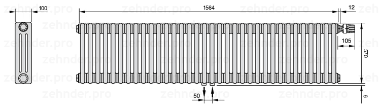 Схема (чертеж) Радиатор Zehnder Charleston 3057/34 №V008 Technoline TL